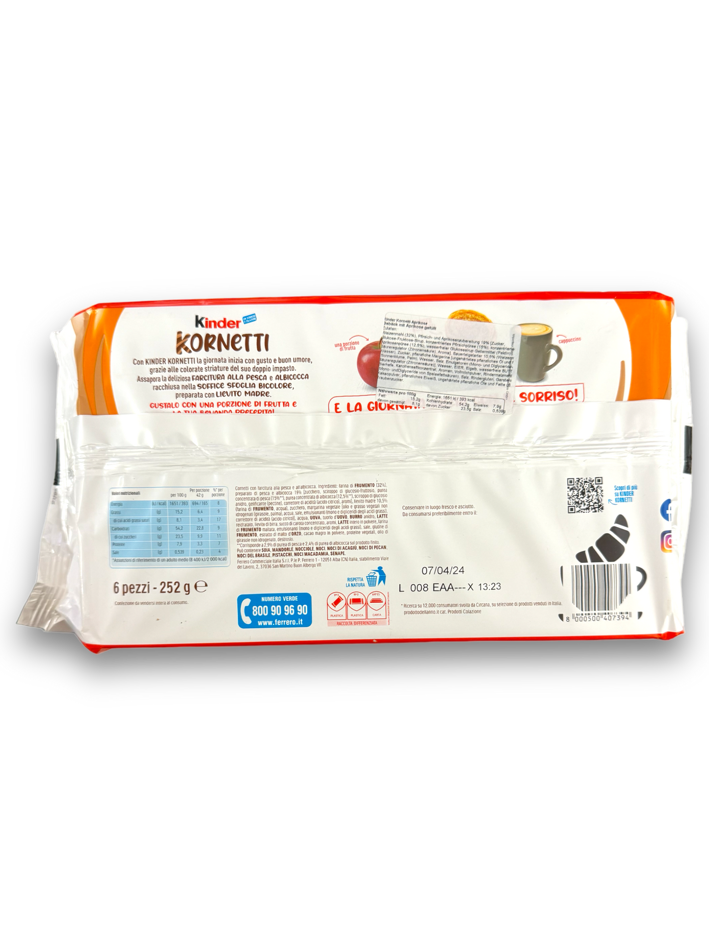 Kinder Kornetti Aprikose 252g Rückseite Verpackung mit Bild Produkt und Produktbeschreibung