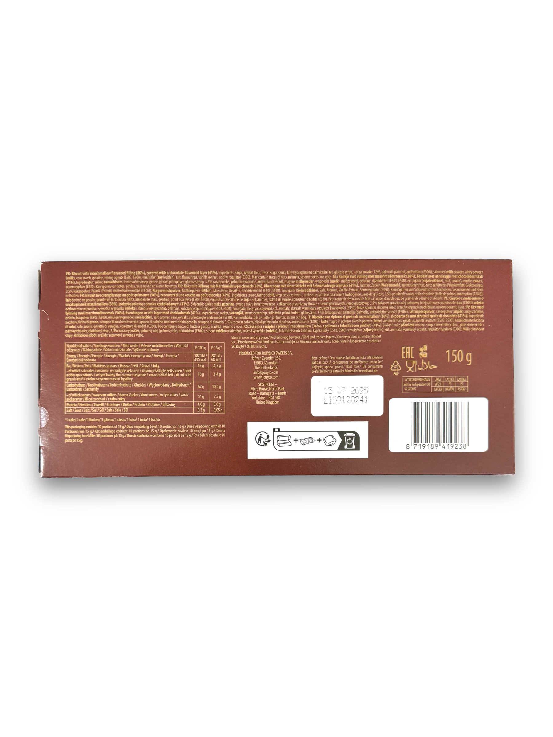 Cravingz Chocomallow Cake Chocolate 150g Rückseitr  braune Verpackung mit Produktbeschreibung