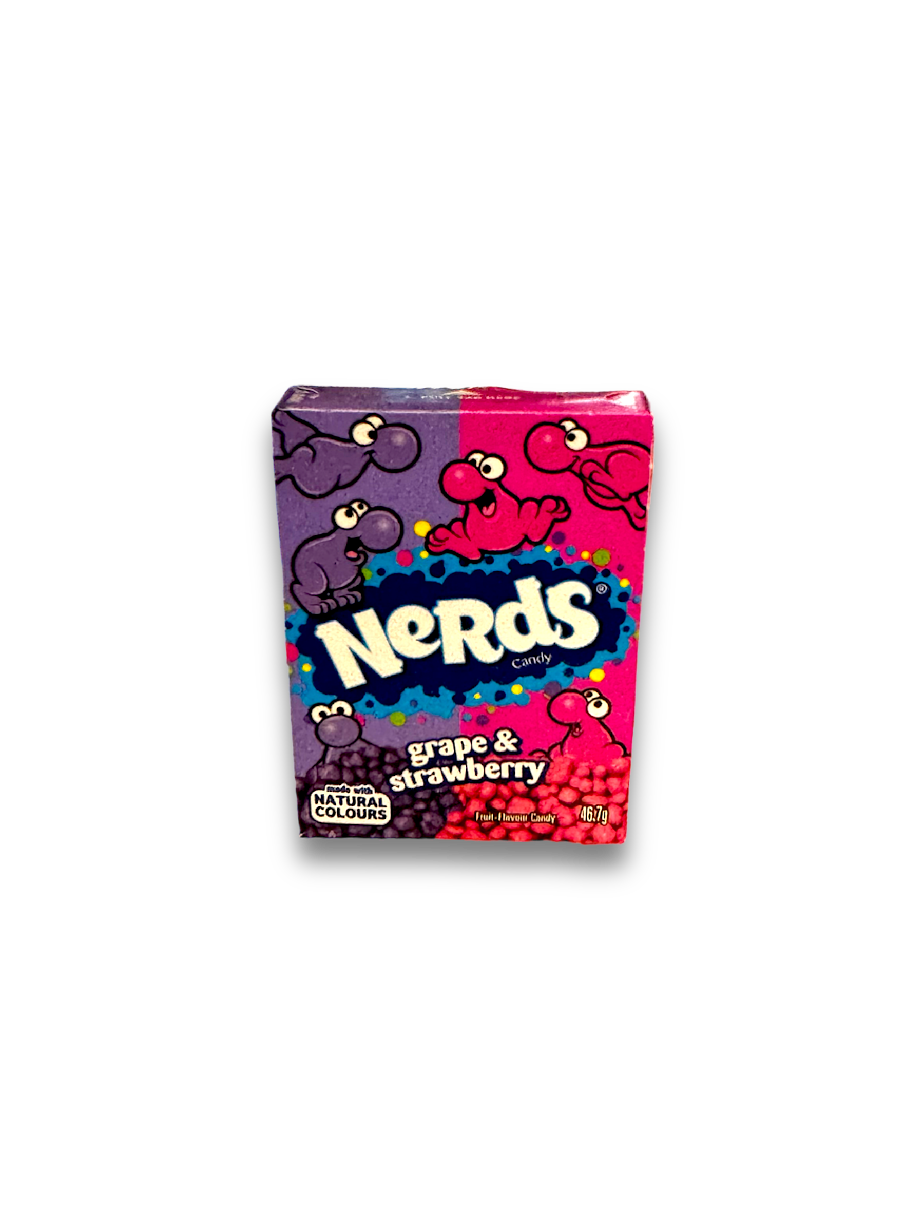 Vorderseite einer 46,7g Packung Nerds Grape & Strawberry, lila und rote Verpackung mit Nerds-Logo.