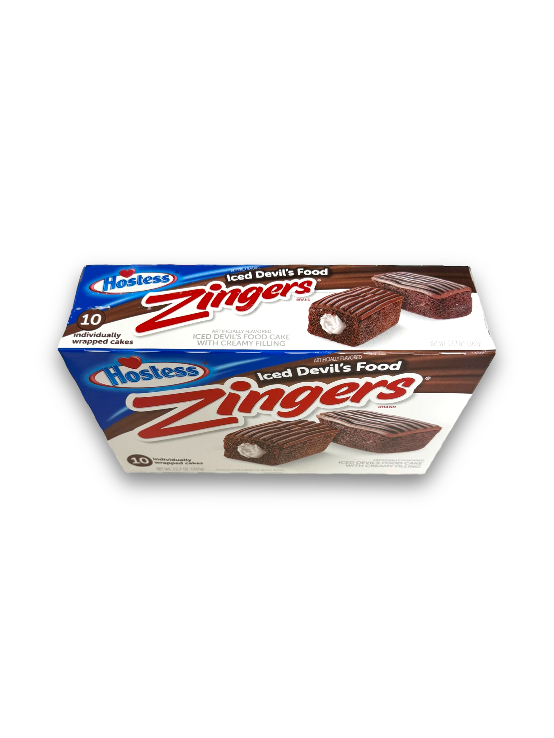 Hostess Devil's Food Chocolate Zingers 360g Oberseite weiße Verpackung mit roter Schrift und Bild