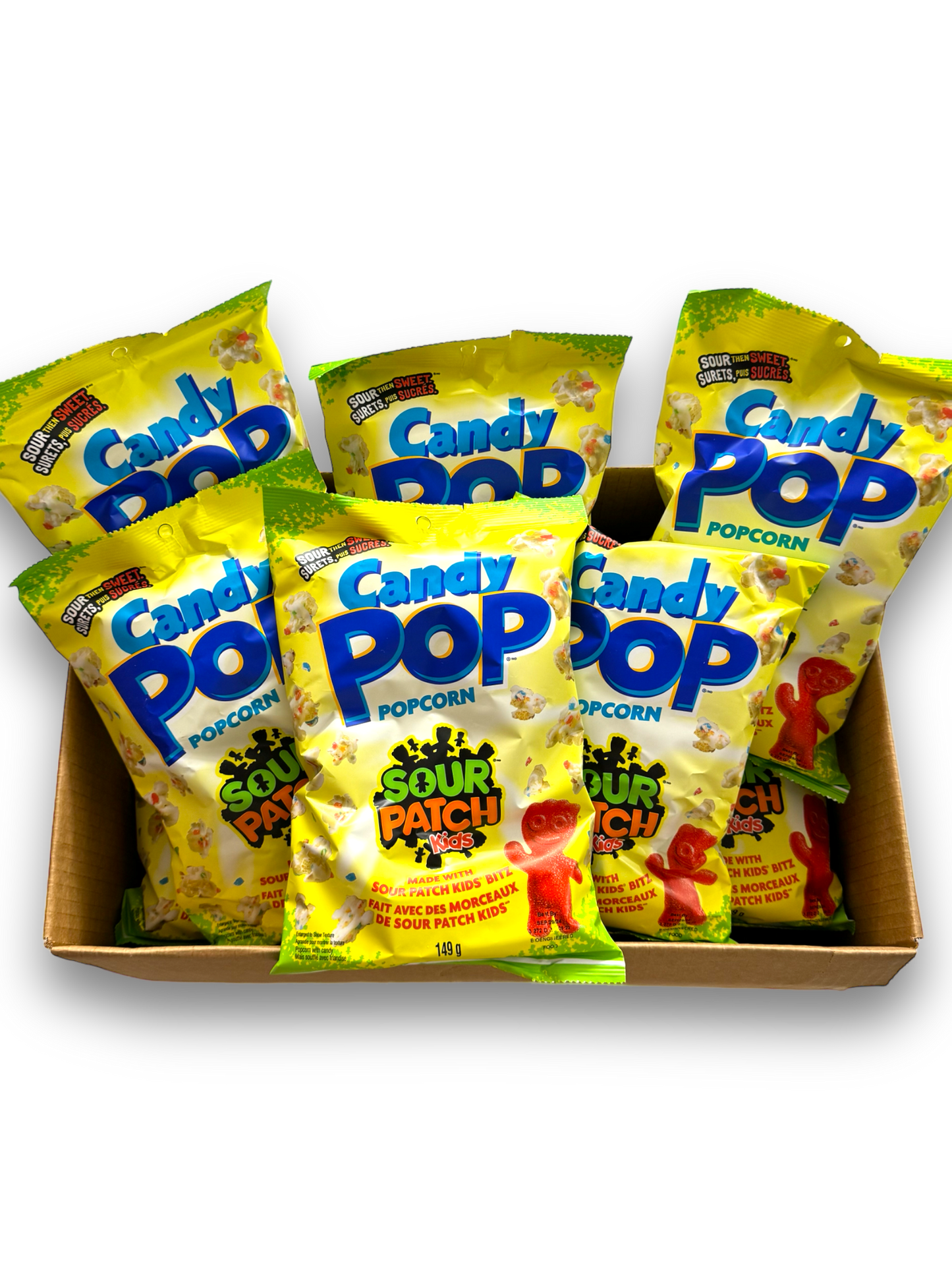 CandyPop Sour Patch Popcorn 149g Vorderseite gelbe Verpackung mit blauer Schrift