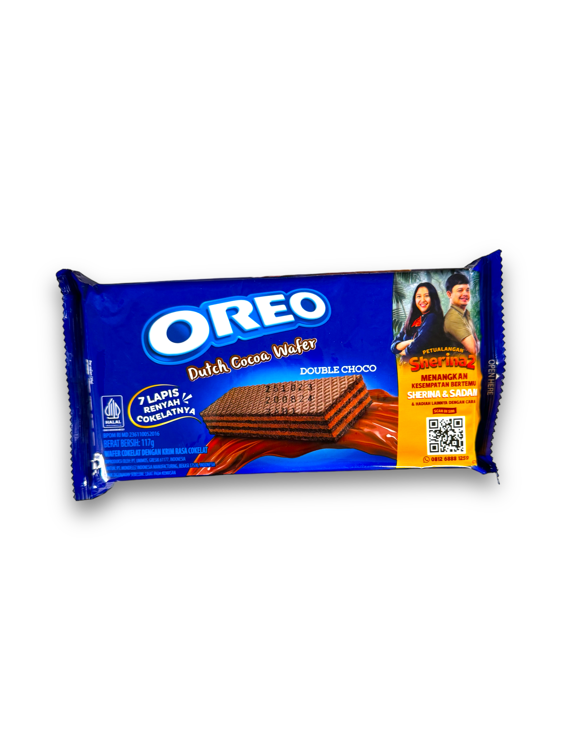 Oreo Wafer Dutch Double Choco 117g Vorderseite blaue Verpackung mit weißer Schrift und Schokowaffel