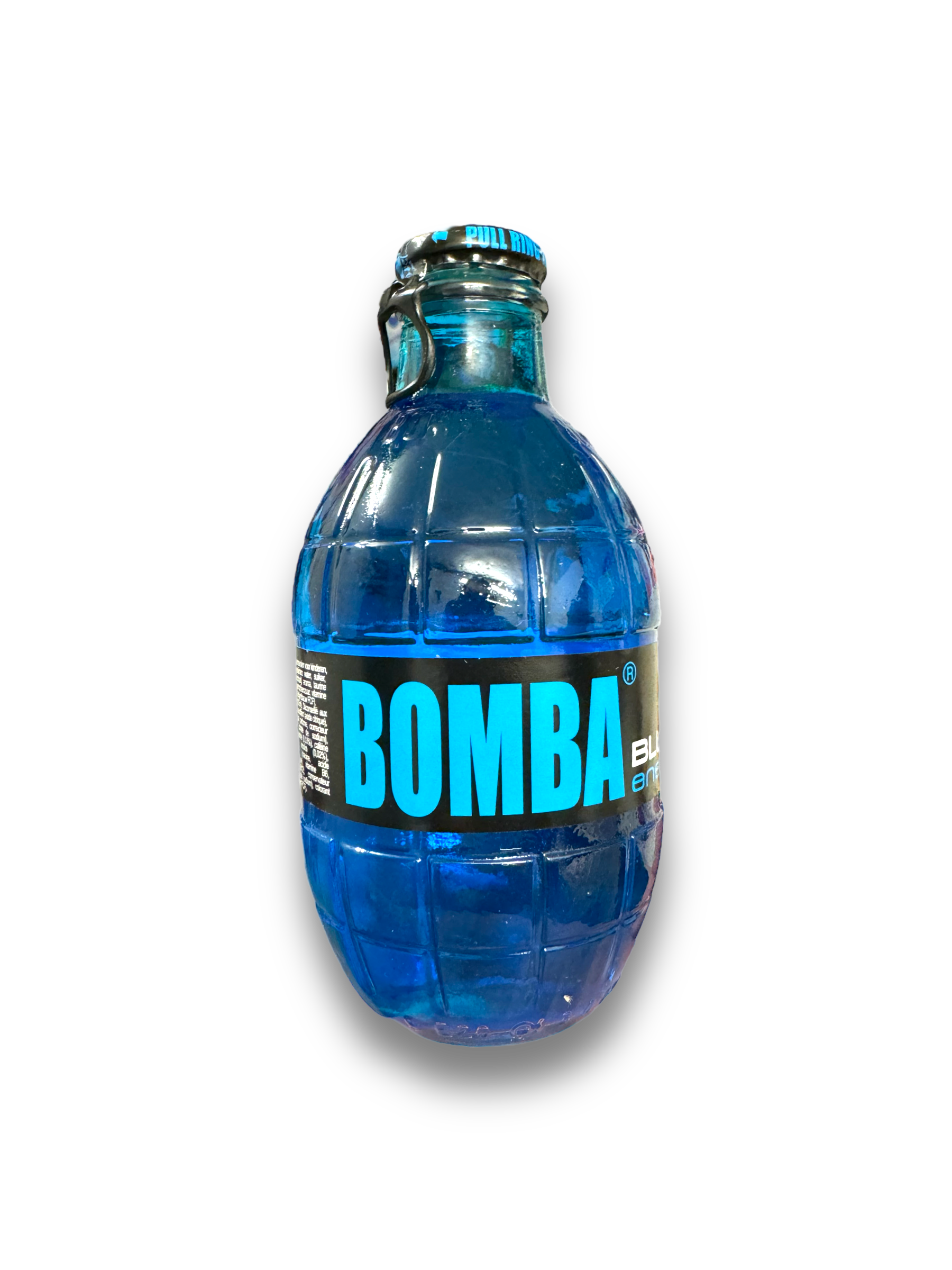 Bomba Energy Blue 250ml von Vorne dargestellt, auf Weißem Hintergrund Blaue Flasche