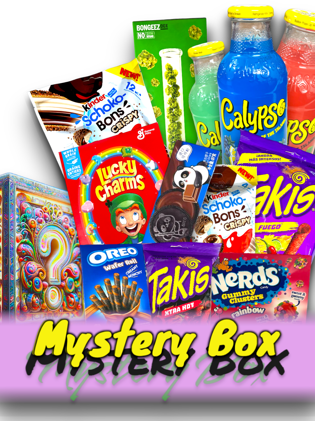 Mystery Box in 3 Schrift Arten aufeinander von unten nach oben erst grün dann schwarz dann gelb in einem Pinken Rechteck das verschwommen ist links drüber eine mystery box mit einem Fragezeichen und recht mehrere Produkte drüber Takis nerds lucky charms verschiedene oreo und calypso verschiedene und ogeez Bongeez bong bog und Kinder Schokolade
