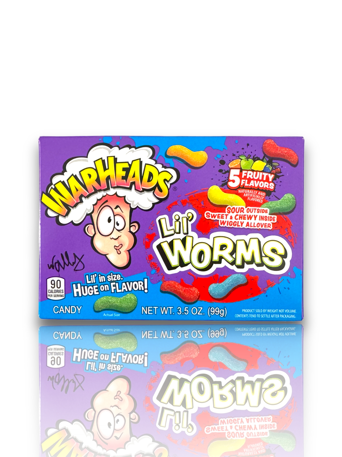 Warheads Lil Worms 99g mit Spiegelung und Vorderseite zu sehen mit weißem Hintergrund