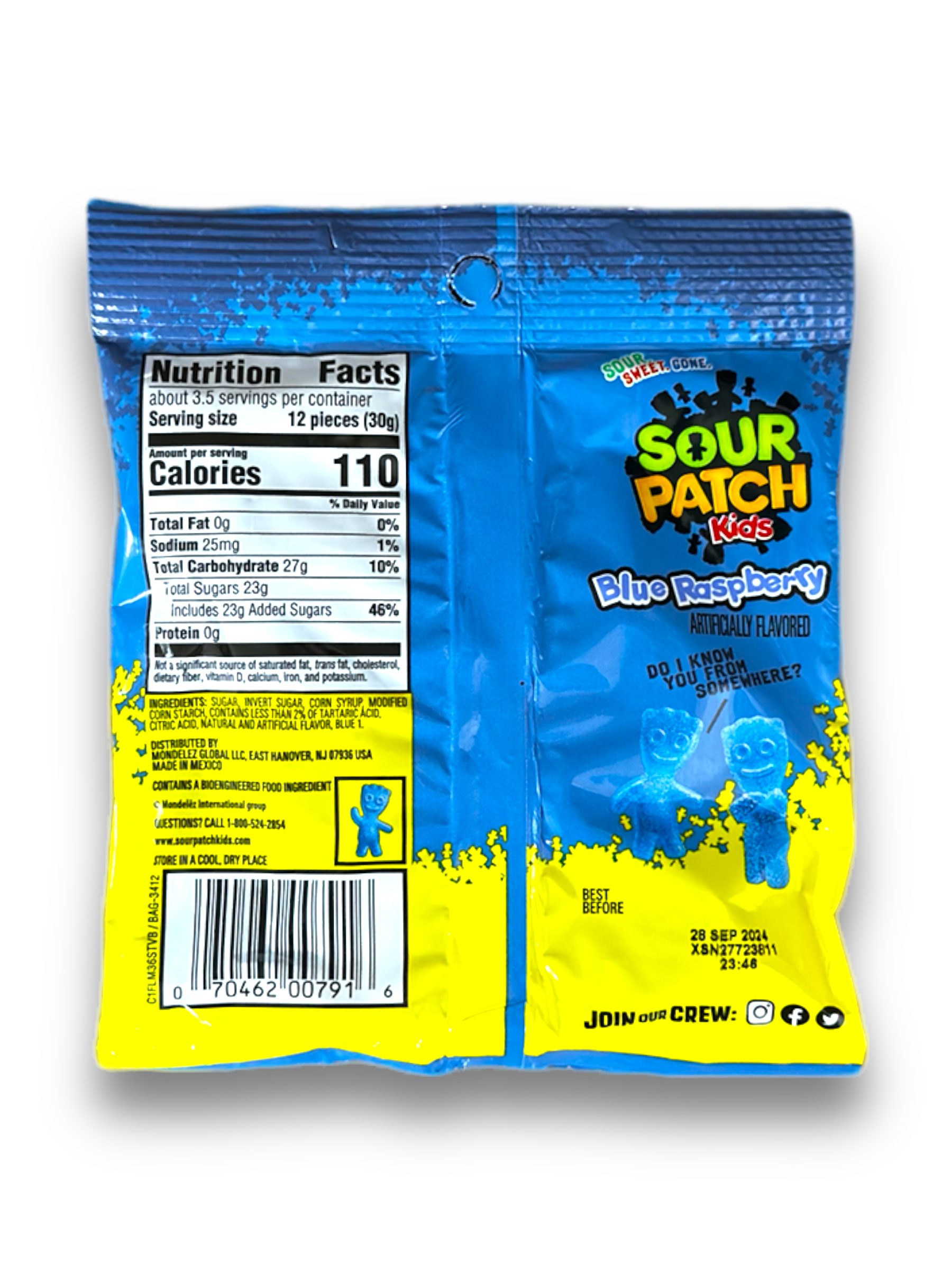 Sour Patch Kids Blue Raspberry 102g Rückseite blaue Verpackung mit Produktbeschreibung