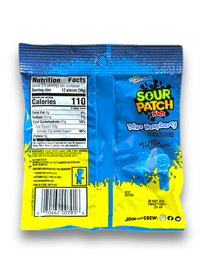 Sour Patch Kids Blue Raspberry 102g Rückseite blaue Verpackung mit Produktbeschreibung