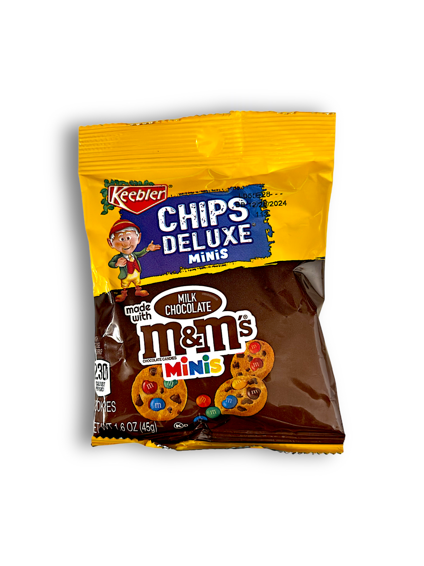 Keebler M&M Cookies, 45g Packung, gelbe Verpackung mit dem Keebler-Logo und einem animierten Elf.