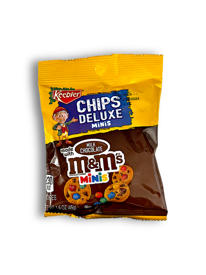 Keebler M&M Cookies, 45g Packung, gelbe Verpackung mit dem Keebler-Logo und einem animierten Elf.