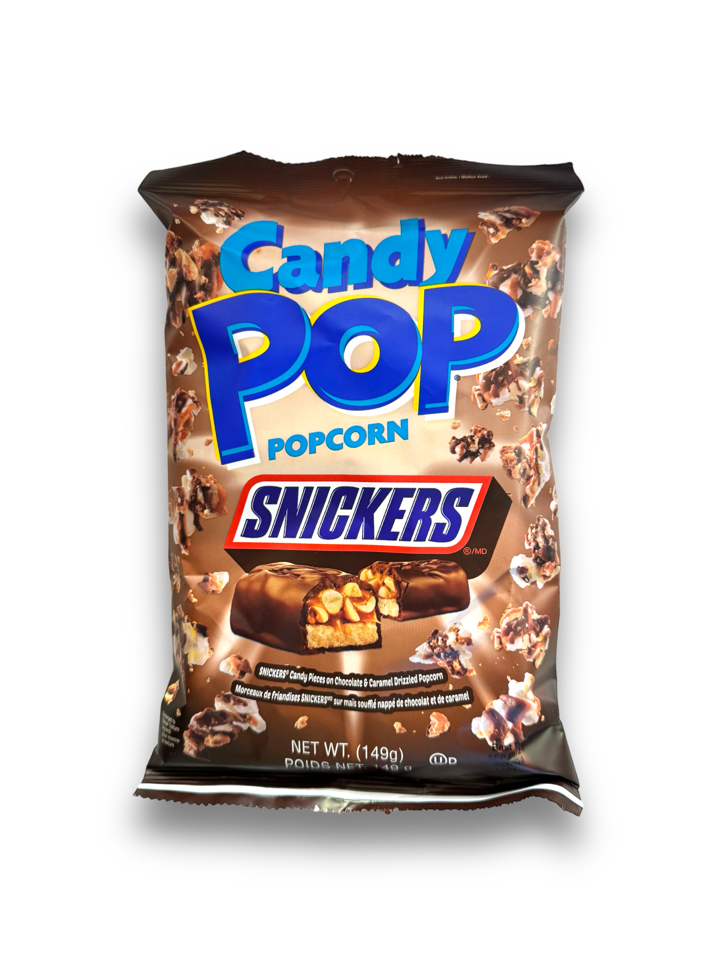 CandyPop Snickers Popcorn 149g Vorderseite schwarze Verpackung mit blauer Schrift 