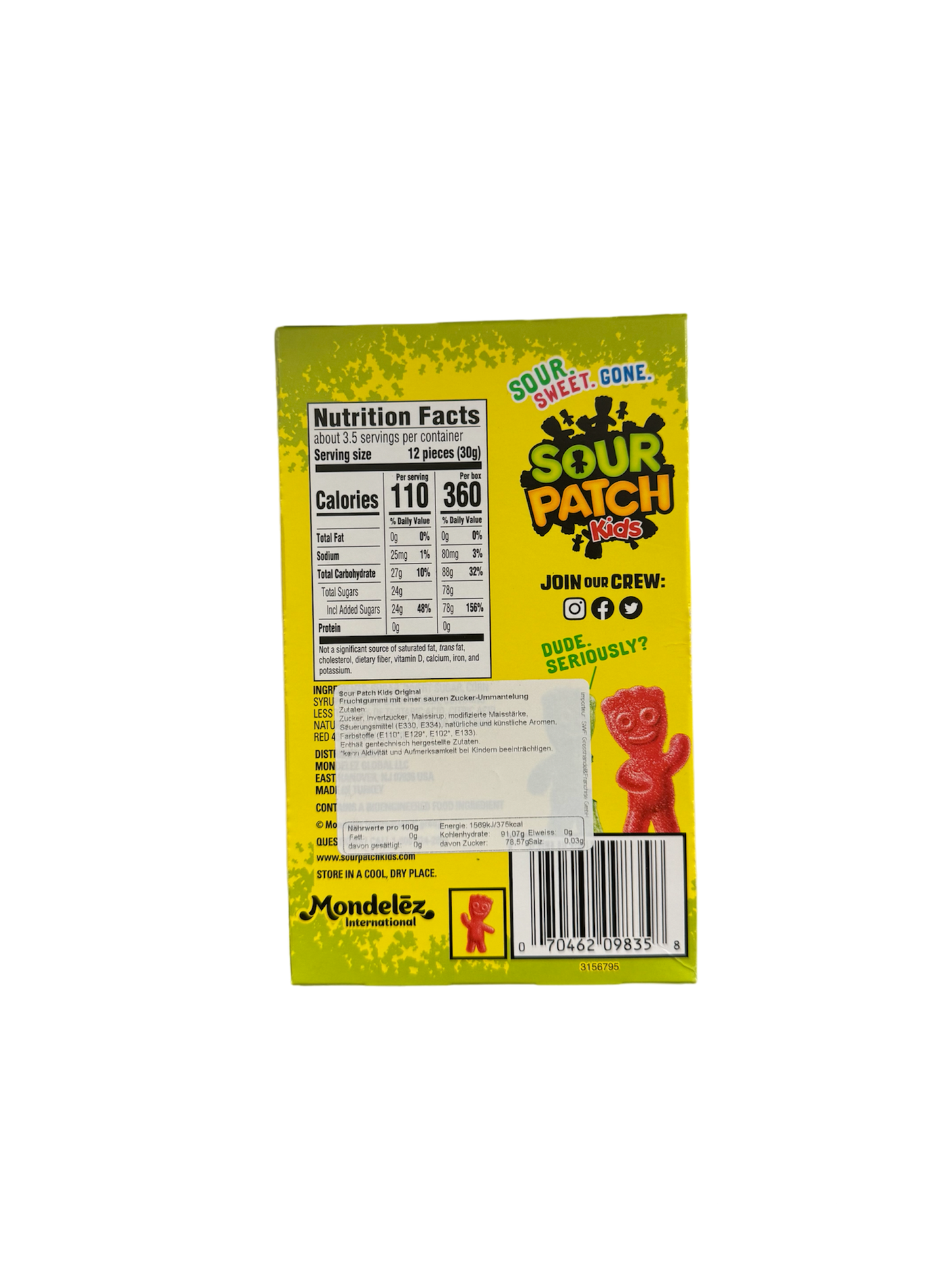 Sour Patch Kids 99g Rückseite  gelbe Verpackung mit Produktetikett auf weißem Hintergrund 