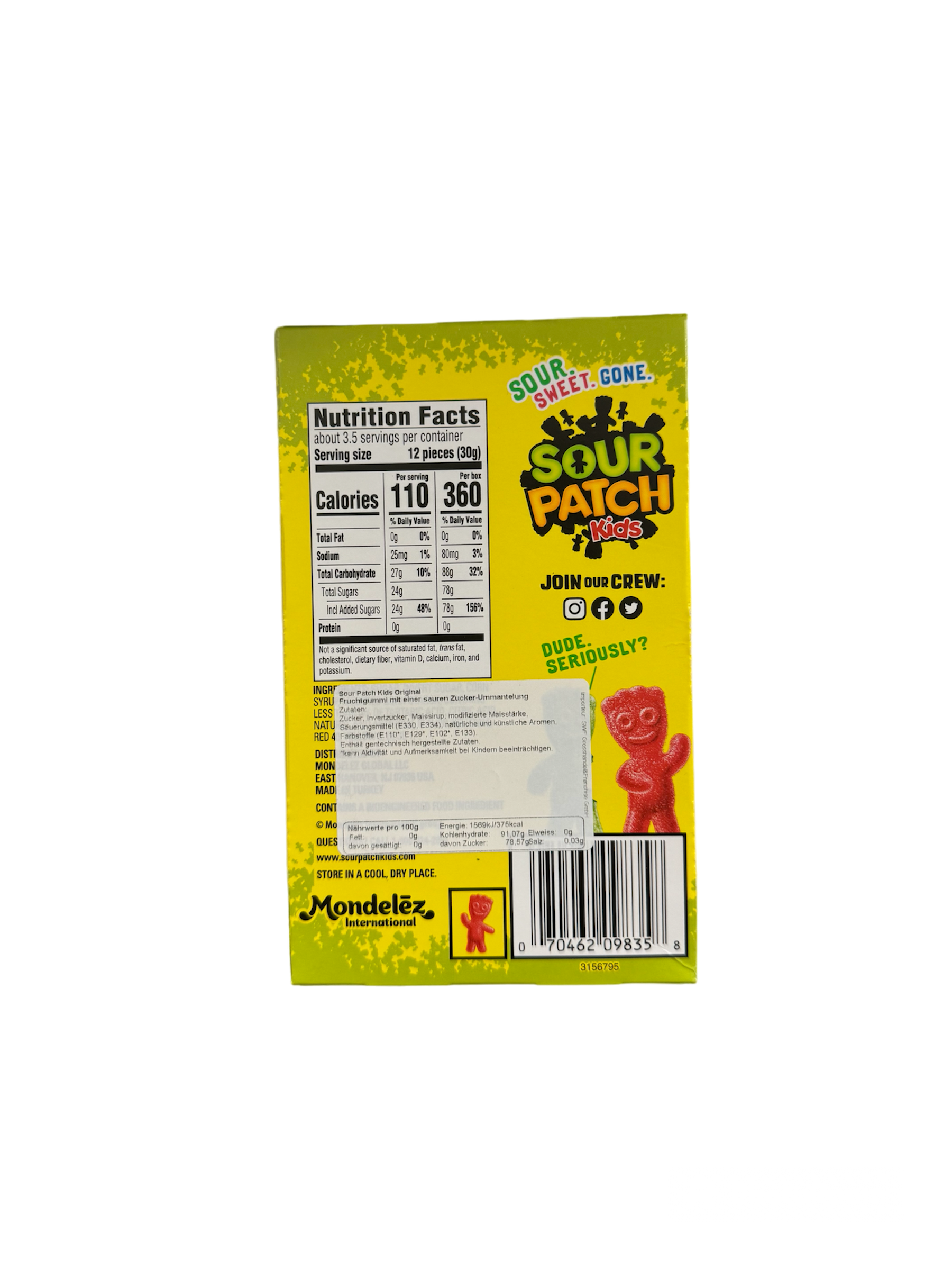 Sour Patch Kids 99g Rückseite  gelbe Verpackung mit Produktetikett auf weißem Hintergrund 