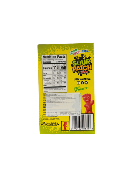 Sour Patch Kids 99g Rückseite  gelbe Verpackung mit Produktetikett auf weißem Hintergrund 