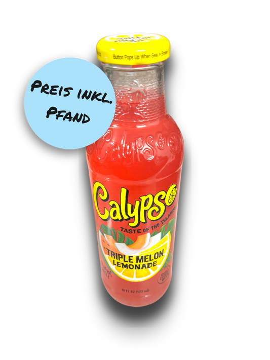 Calypso Triple Melon 473ml Glasflasche mit rotem Inhalt und gelber Schrift auf weißem Hintergrund 