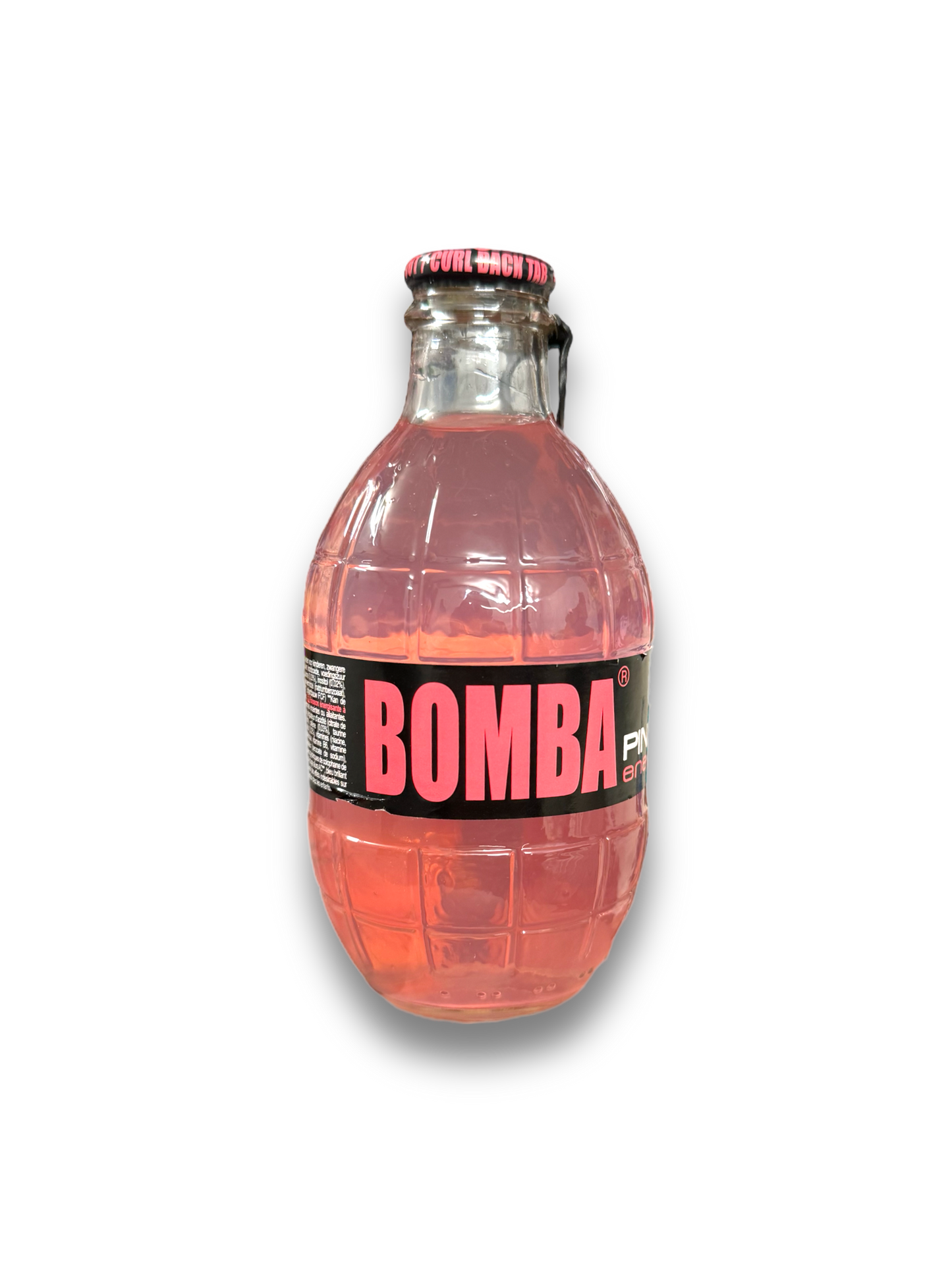 Bomba Energy Pink 250ml von Vorne dargestellt, auf Weißem Hintergrund Pinke Flasche 