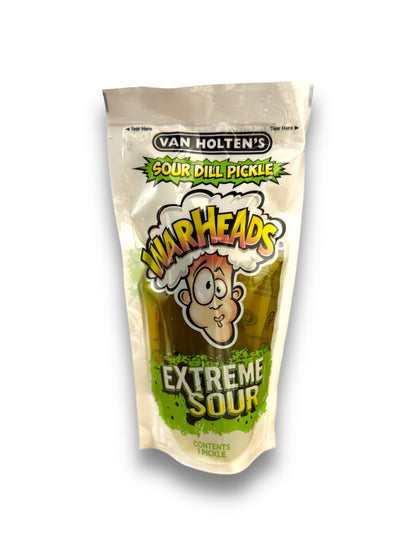 Van Holtens Warheads Extreme Sour 140g Vorderseite weiße Verpackung mit grüner Schrift und Gurken